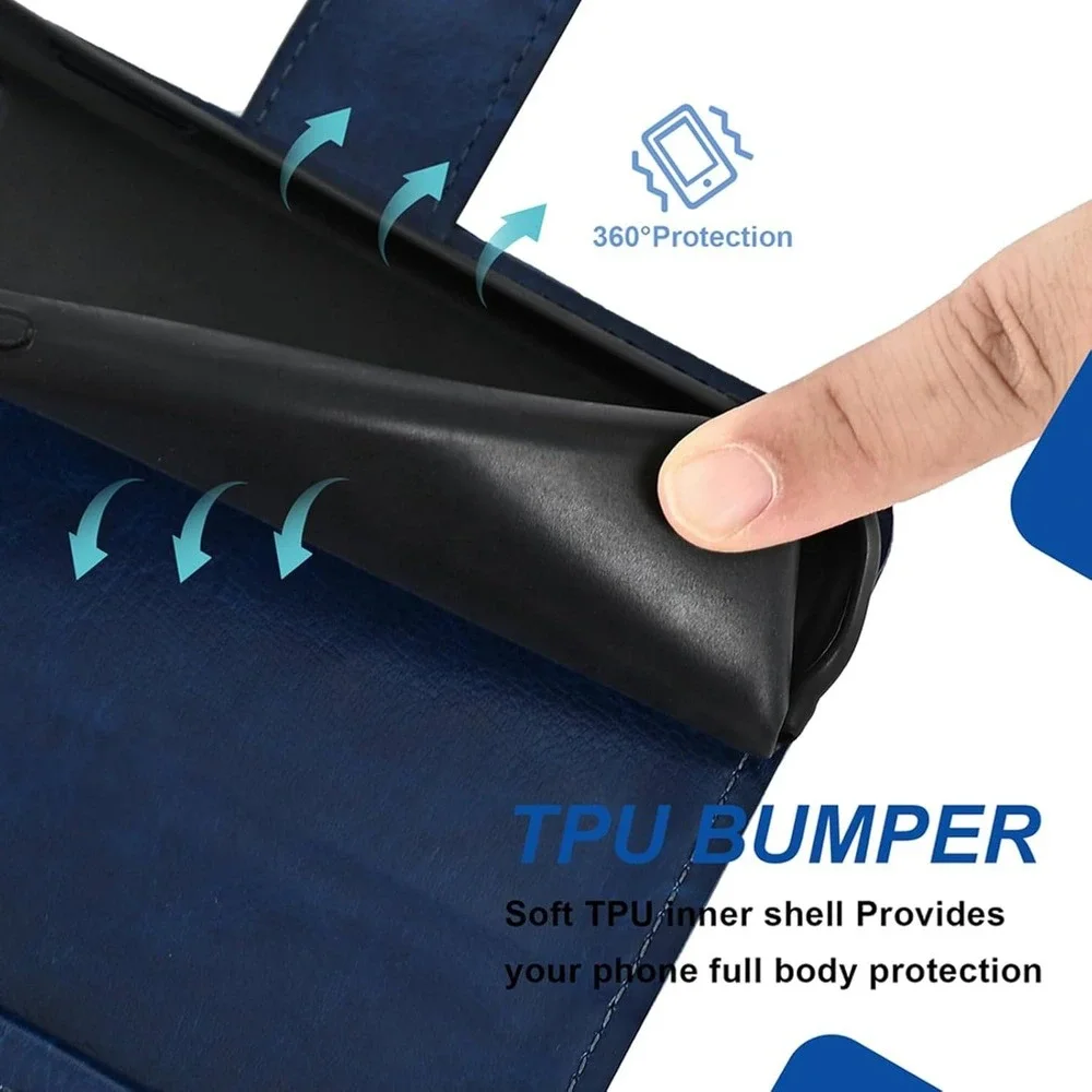T Mobile Revvl 4‎ Wallet Case Leather Blue Zipper Card Holder Lanyard Strap